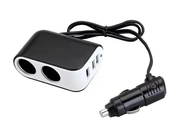 12V adapter uni plugg 2 x uni + USB m/LEDlys 