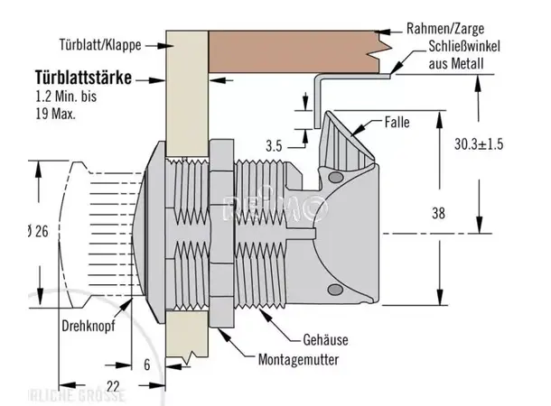Trykknapp Dørtykkelse 1,2 - 1,9 mm 