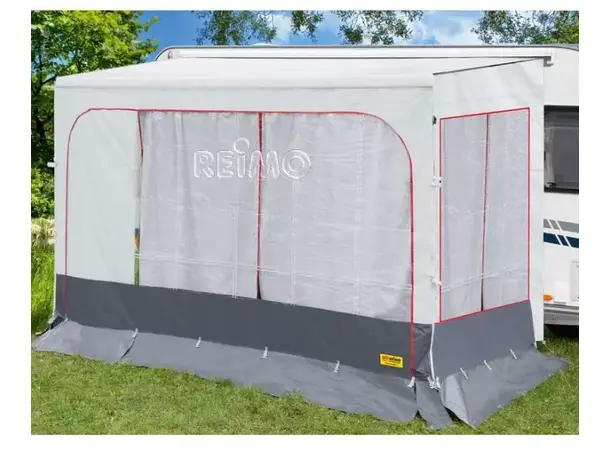 Gardin hvit m/røde kanter for sidevegger Til Villacaravan markisetelt 